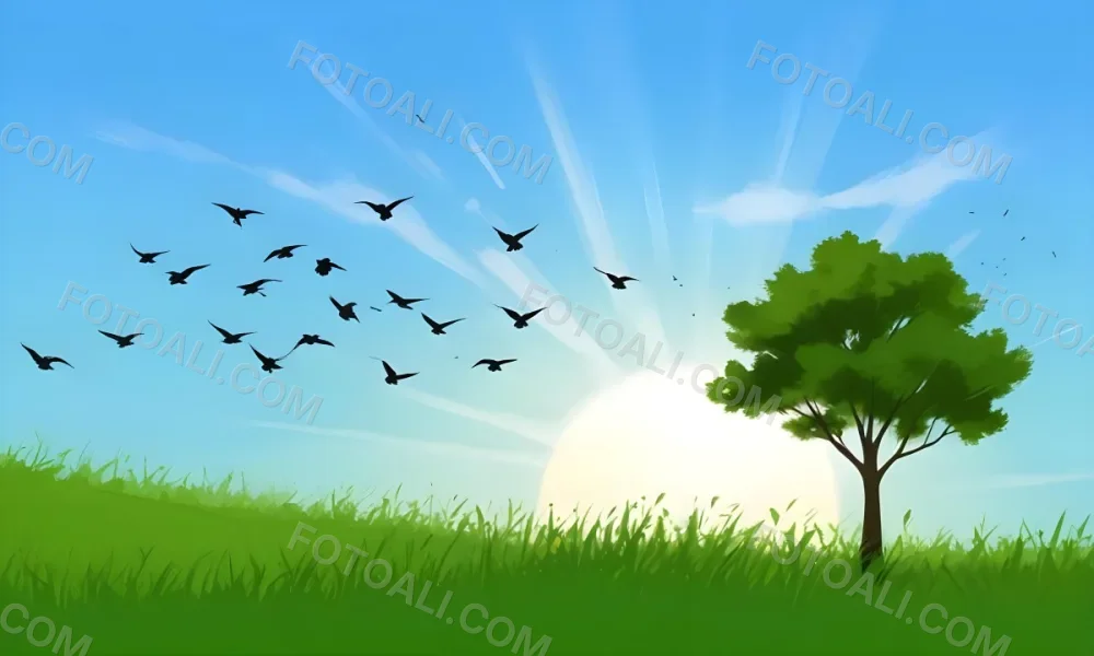 A Flock Of Birds Flying Over A Green Field With A Tree On The Background The Sun Is Rising In The Background 13 3a46