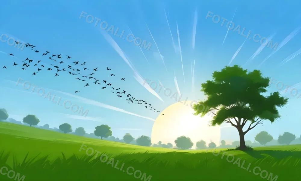 A Flock Of Birds Flying Over A Green Field With A Tree On The Background The Sun Is Rising In The Background 14 Fdf7