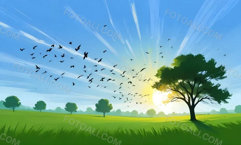 A Flock Of Birds Flying Over A Green Field With A Tree On The Background The Sun Is Rising In The Background 16 67c8
