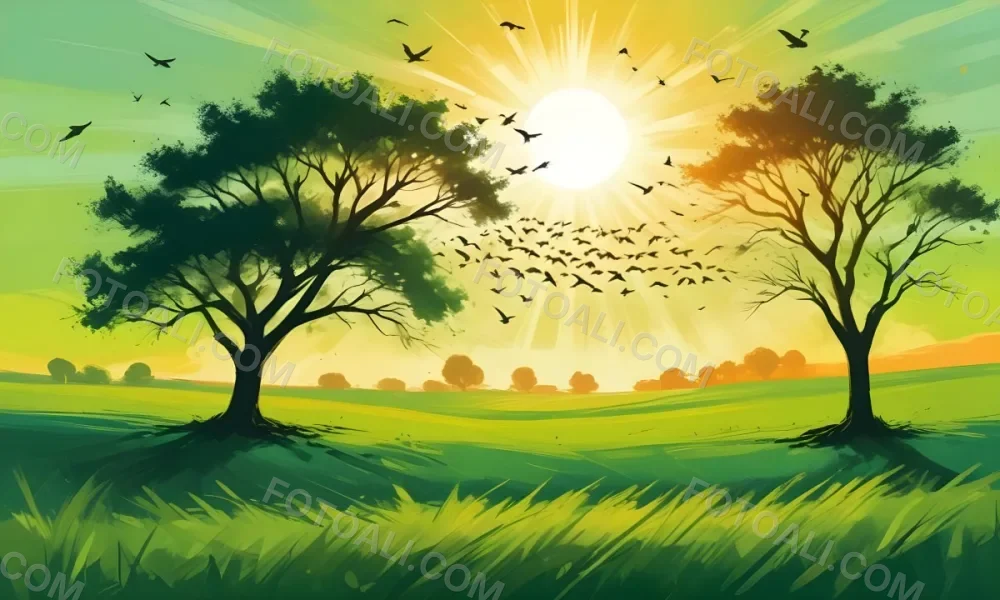 A Flock Of Birds Flying Over A Green Field With A Tree On The Background The Sun Is Rising In The Background 18 68b9