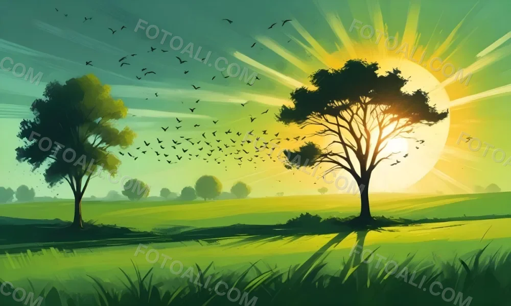 A Flock Of Birds Flying Over A Green Field With A Tree On The Background The Sun Is Rising In The Background 19 Ecf1