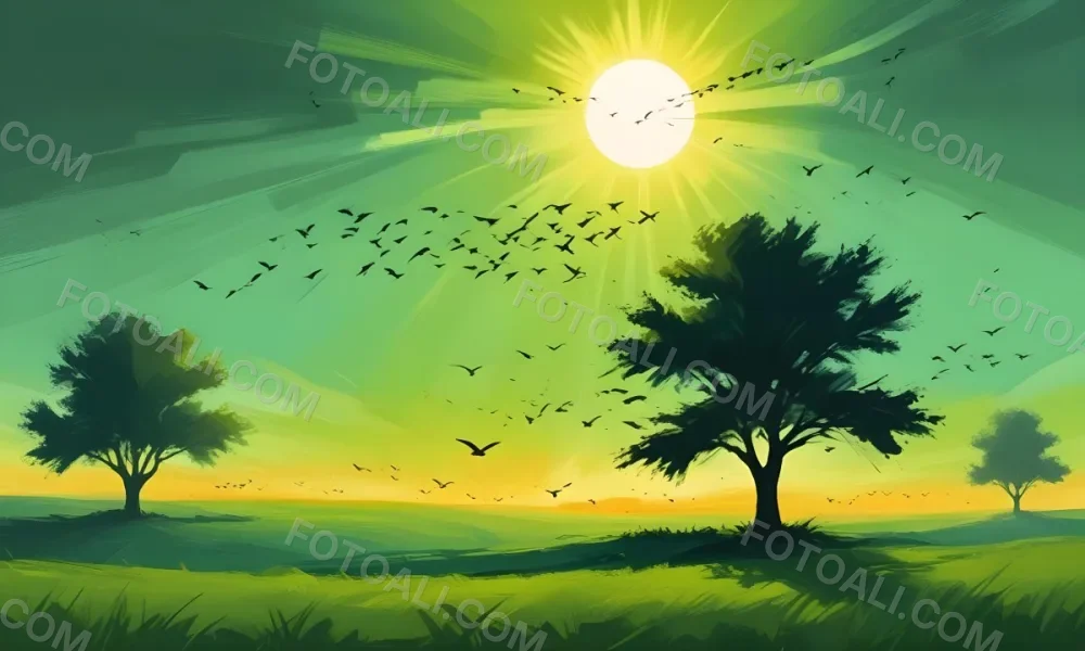 A Flock Of Birds Flying Over A Green Field With A Tree On The Background The Sun Is Rising In The Background 25 52f2