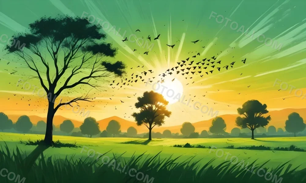 A Flock Of Birds Flying Over A Green Field With A Tree On The Background The Sun Is Rising In The Background 26 B20e