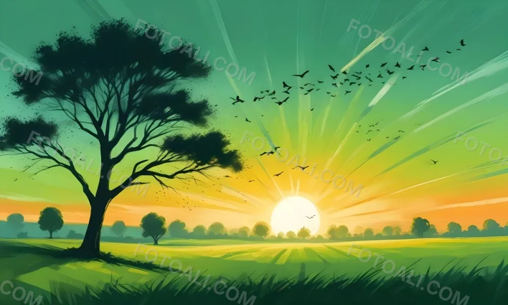 A Flock Of Birds Flying Over A Green Field With A Tree On The Background The Sun Is Rising In The Background 27 3a48