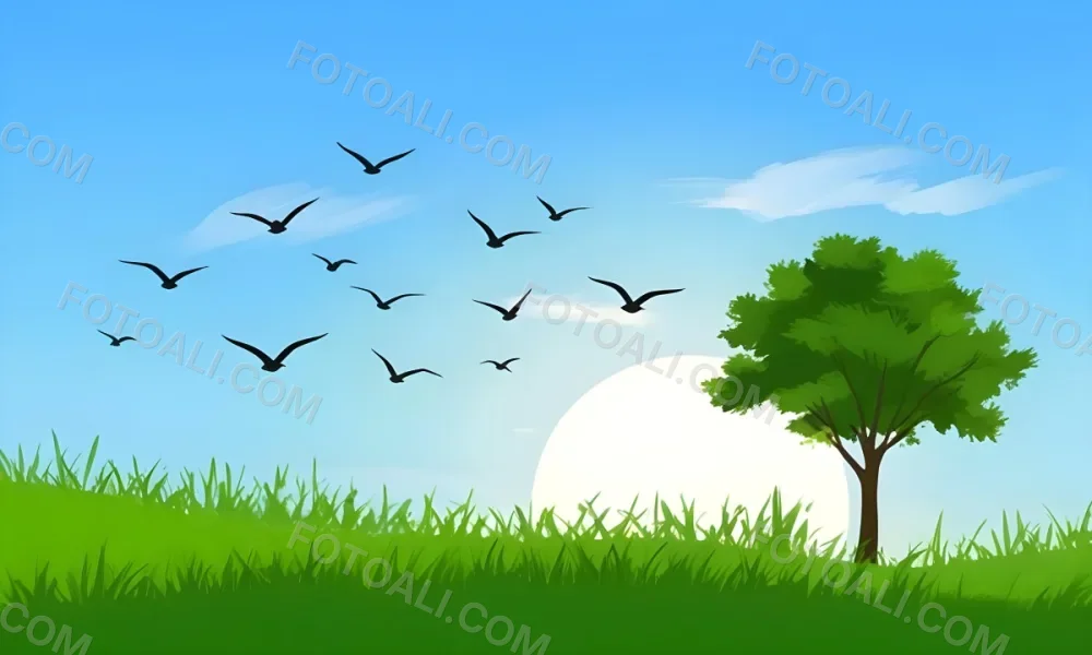 A Flock Of Birds Flying Over A Green Field With A Tree On The Background The Sun Is Rising In The Background 3 8d1c