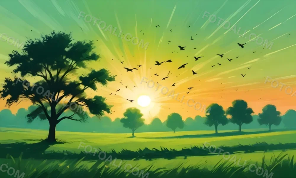 A Flock Of Birds Flying Over A Green Field With A Tree On The Background The Sun Is Rising In The Background 4 B6f8