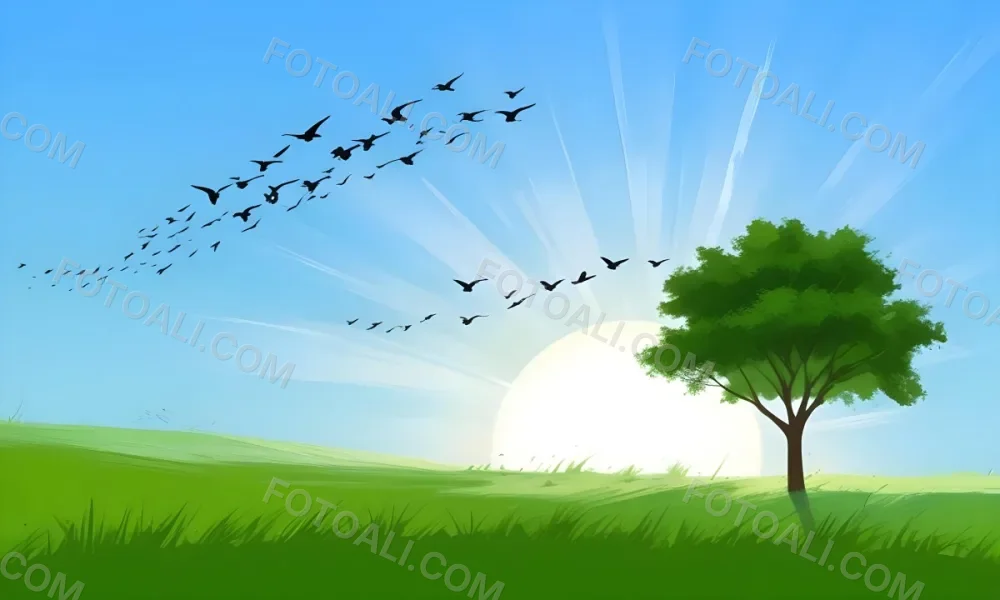 A Flock Of Birds Flying Over A Green Field With A Tree On The Background The Sun Is Rising In The Background 5 Ec28