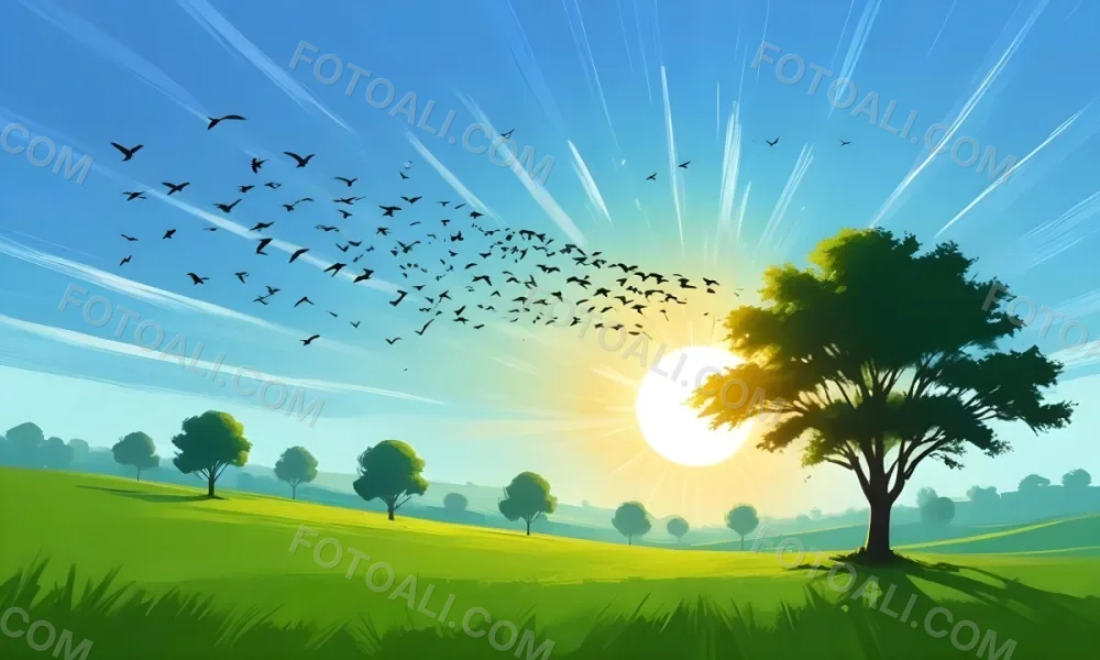 A Flock Of Birds Flying Over A Green Field With A Tree On The Background The Sun Is Rising In The Background 6 4910