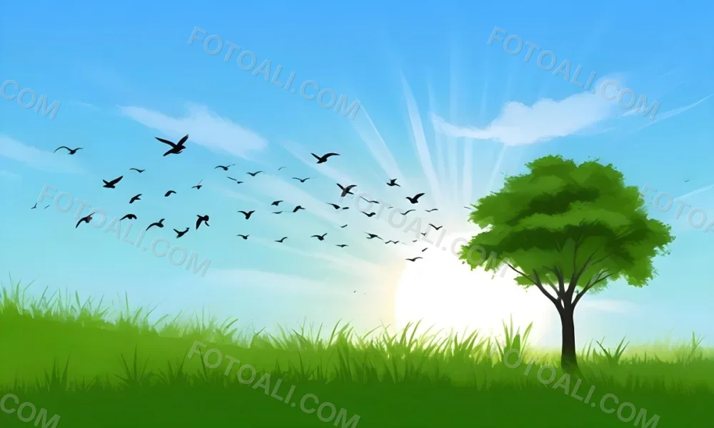 A Flock Of Birds Flying Over A Green Field With A Tree On The Background The Sun Is Rising In The Background 7 D7b0
