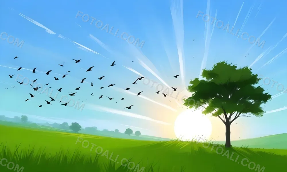 A Flock Of Birds Flying Over A Green Field With A Tree On The Background The Sun Is Rising In The Background 8 3483