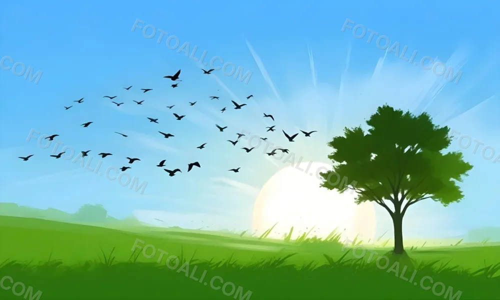 A Flock Of Birds Flying Over A Green Field With A Tree On The Background The Sun Is Rising In The Background 9 99e7