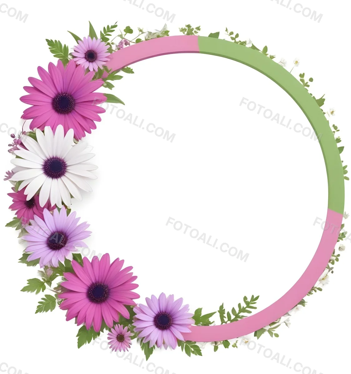 A Floral Frame With Pink Purple And White Daisies Or Gerbera Flowers Surrounded By Green Leaves And Stems 1 86ae
