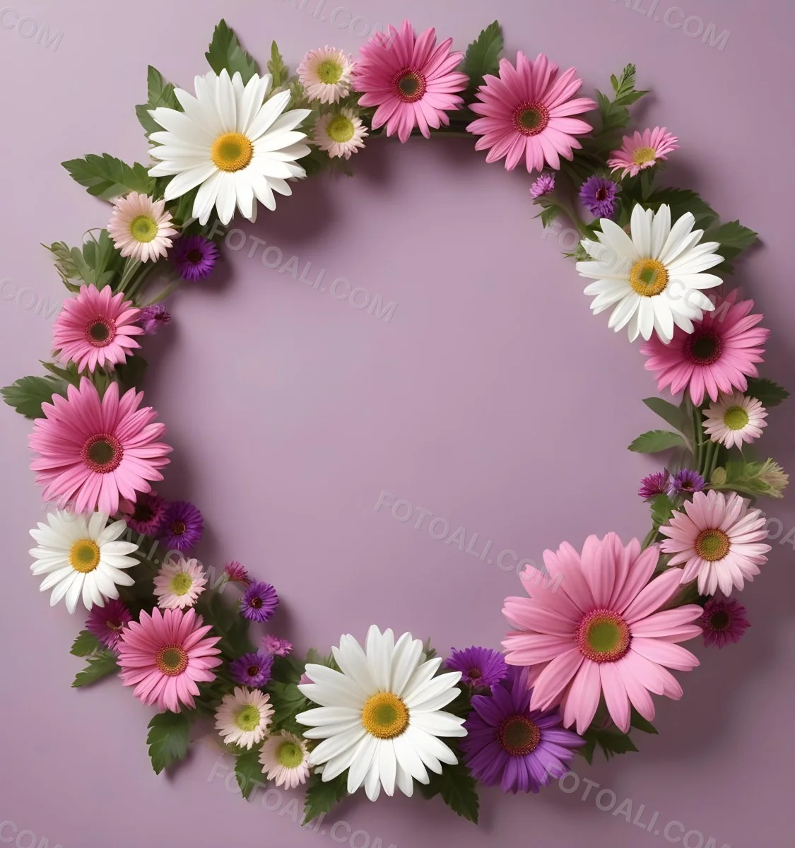 A Floral Frame With Pink Purple And White Daisies Or Gerbera Flowers Surrounded By Green Leaves And Stems 12 Dfd2