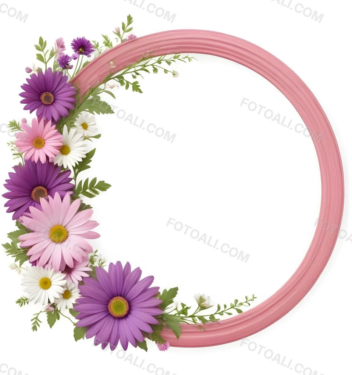 A Floral Frame With Pink Purple And White Daisies Or Gerbera Flowers Surrounded By Green Leaves And Stems 13 A9f6