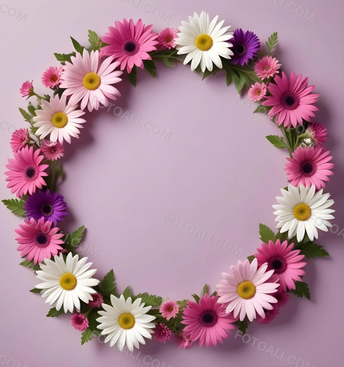 A Floral Frame With Pink Purple And White Daisies Or Gerbera Flowers Surrounded By Green Leaves And Stems 14 2bdb