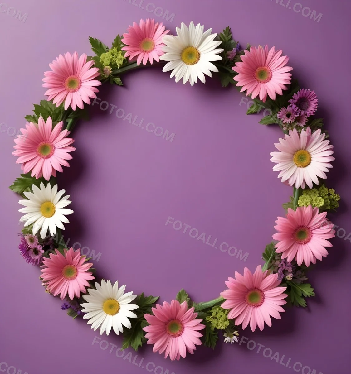 A Floral Frame With Pink Purple And White Daisies Or Gerbera Flowers Surrounded By Green Leaves And Stems 15 A717