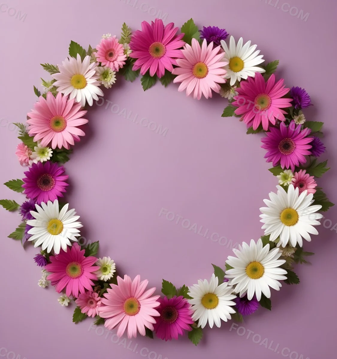 A Floral Frame With Pink Purple And White Daisies Or Gerbera Flowers Surrounded By Green Leaves And Stems 17 B921