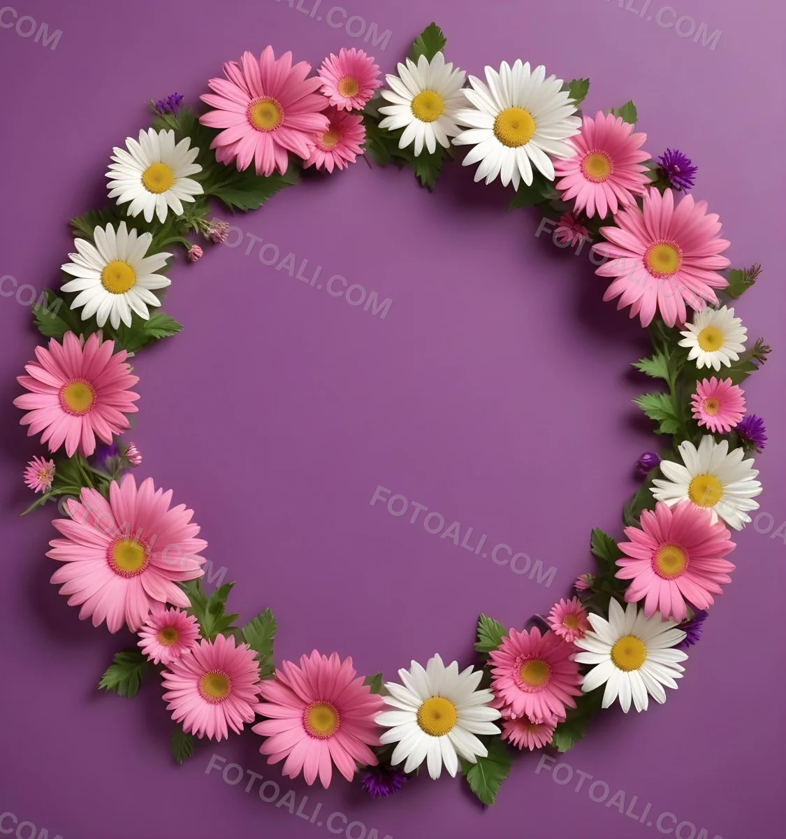 A Floral Frame With Pink Purple And White Daisies Or Gerbera Flowers Surrounded By Green Leaves And Stems 3 4aa7