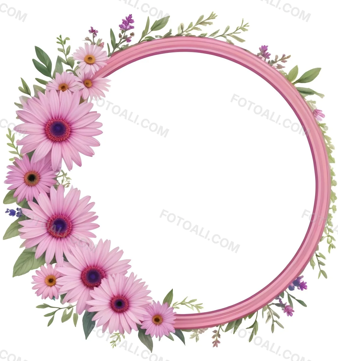 A Floral Frame With Pink Purple And White Daisies Or Gerbera Flowers Surrounded By Green Leaves And Stems 4 9c2e
