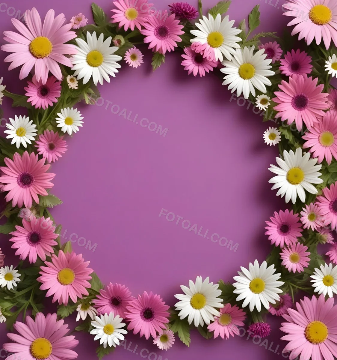 A Floral Frame With Pink Purple And White Daisies Or Gerbera Flowers Surrounded By Green Leaves And Stems 5 Fd17