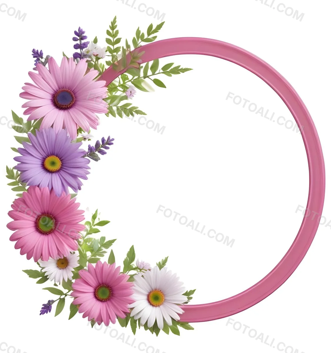A Floral Frame With Pink Purple And White Daisies Or Gerbera Flowers Surrounded By Green Leaves And Stems 6 B6b1