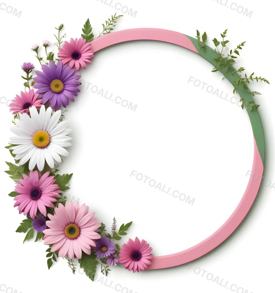 A Floral Frame With Pink Purple And White Daisies Or Gerbera Flowers Surrounded By Green Leaves And Stems 7 F8af