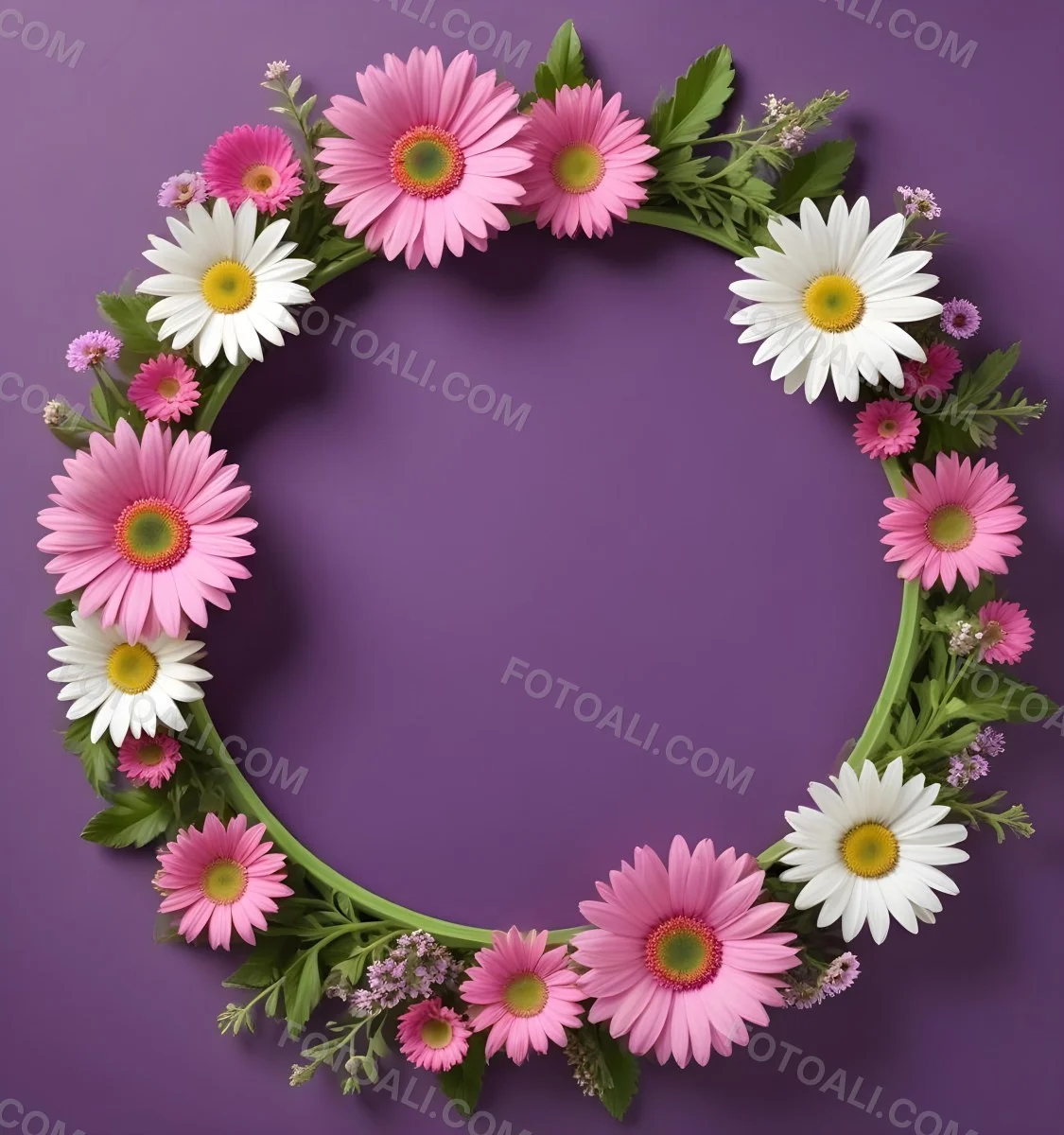 A Floral Frame With Pink Purple And White Daisies Or Gerbera Flowers Surrounded By Green Leaves And Stems 8 Ac6b