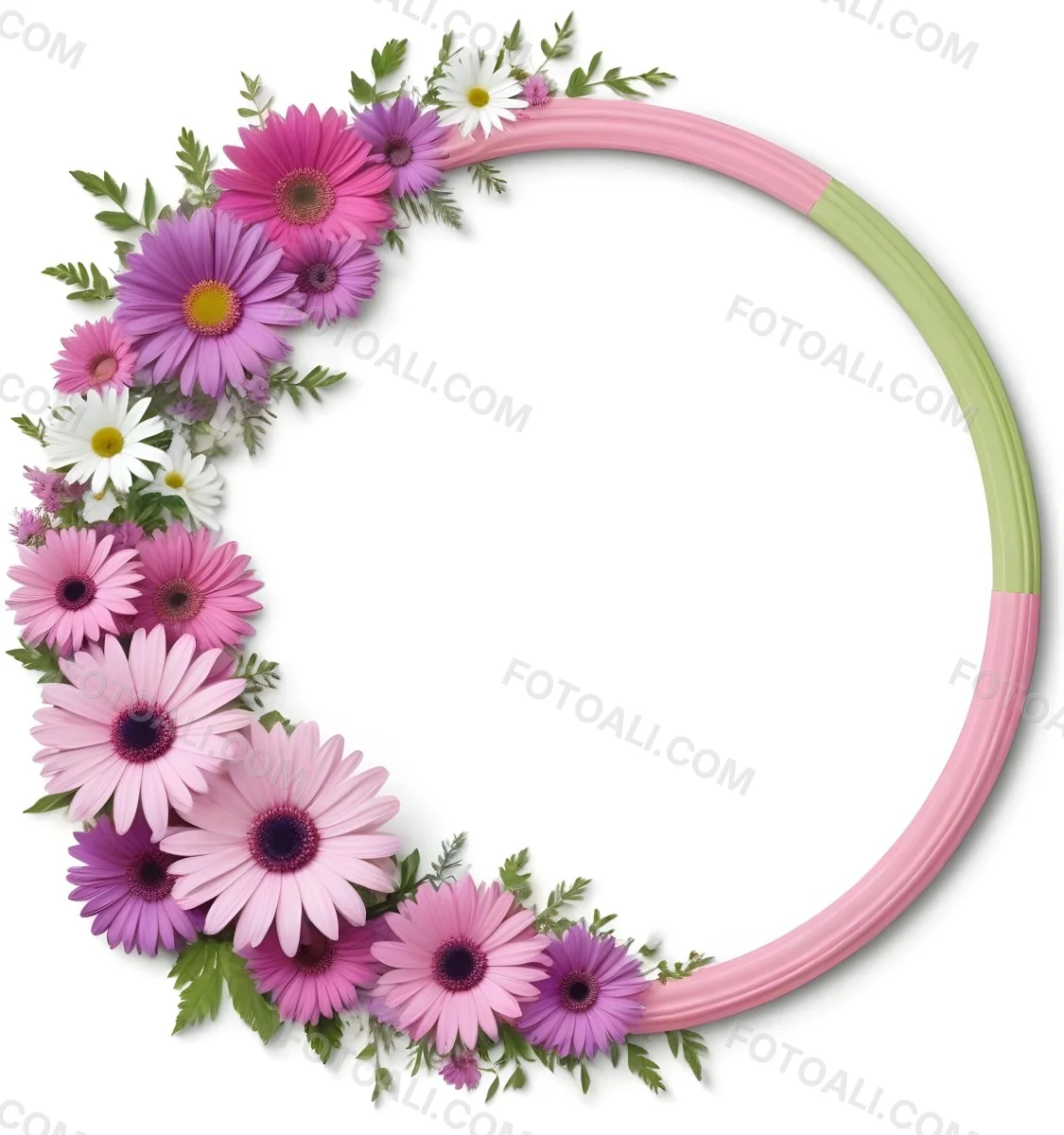 A Floral Frame With Pink Purple And White Daisies Or Gerbera Flowers Surrounded By Green Leaves And Stems 9 4dbe