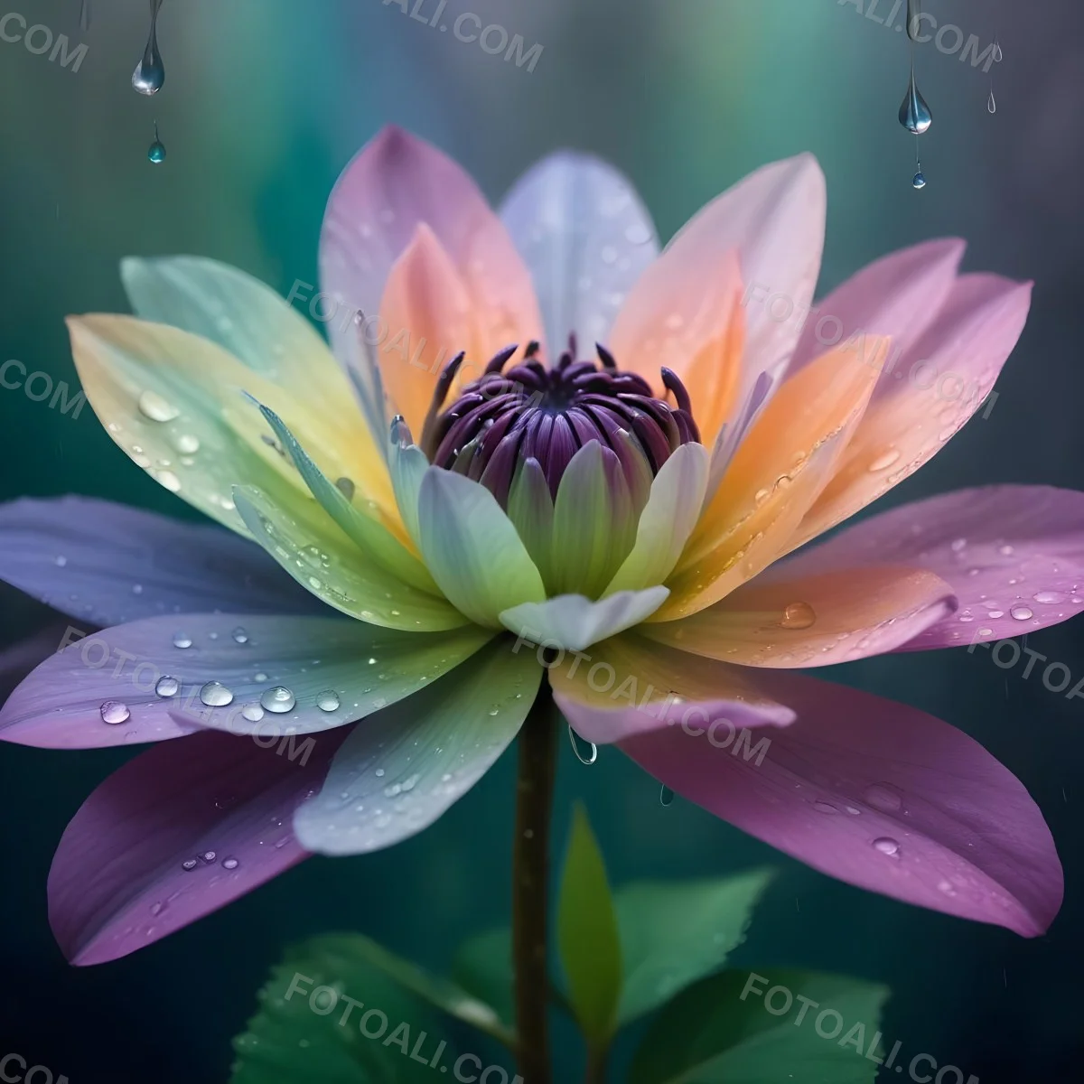 A Flower With Pastel Petals Green Stem And Leaves Water Droplets Pastel Rainbow Background Soft Lighting Detailed Petals Whimsical Dreamy Elegant Vibrant Colors 15 39ea
