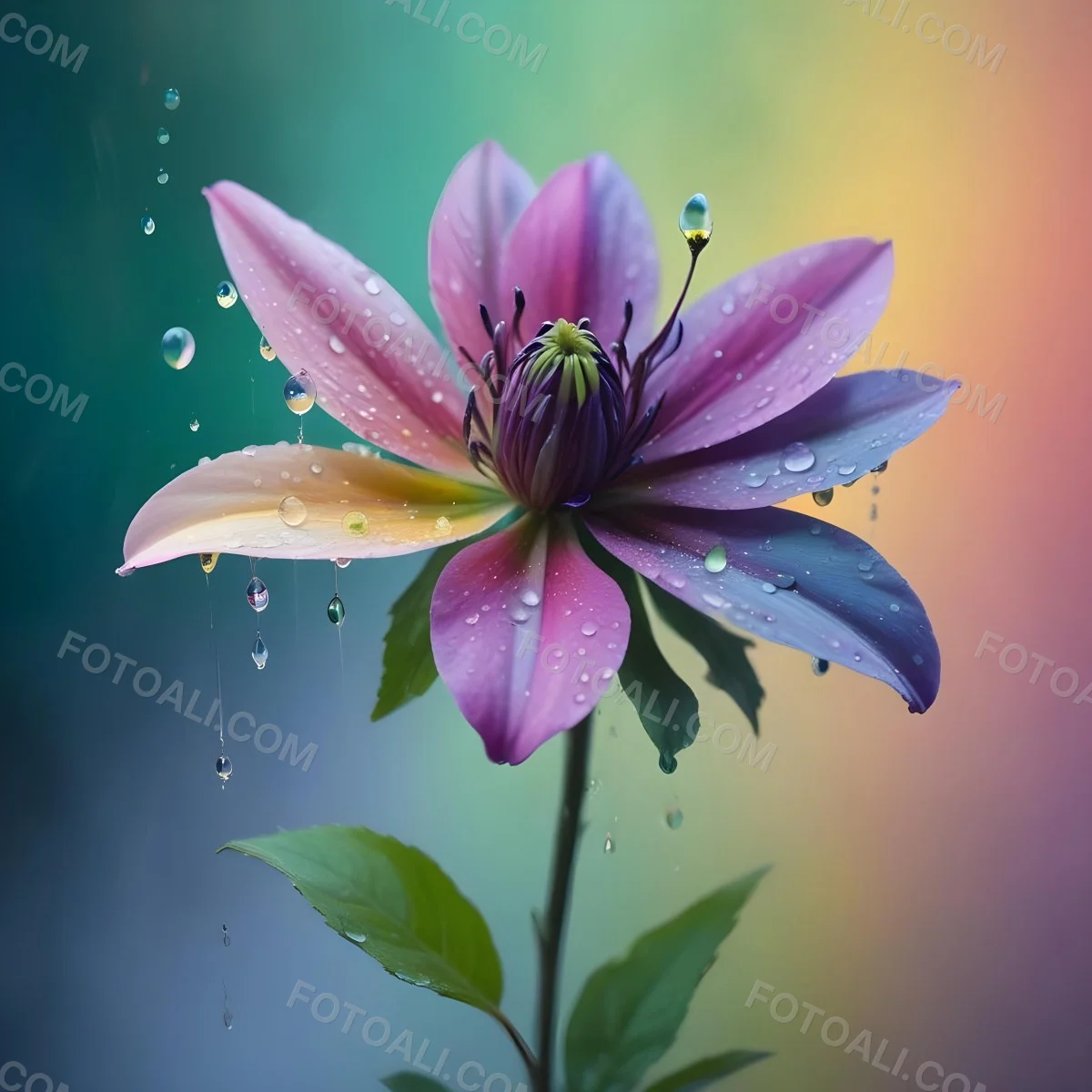 A Flower With Pastel Petals Green Stem And Leaves Water Droplets Pastel Rainbow Background Soft Lighting Detailed Petals Whimsical Dreamy Elegant Vibrant Colors 5 F55a