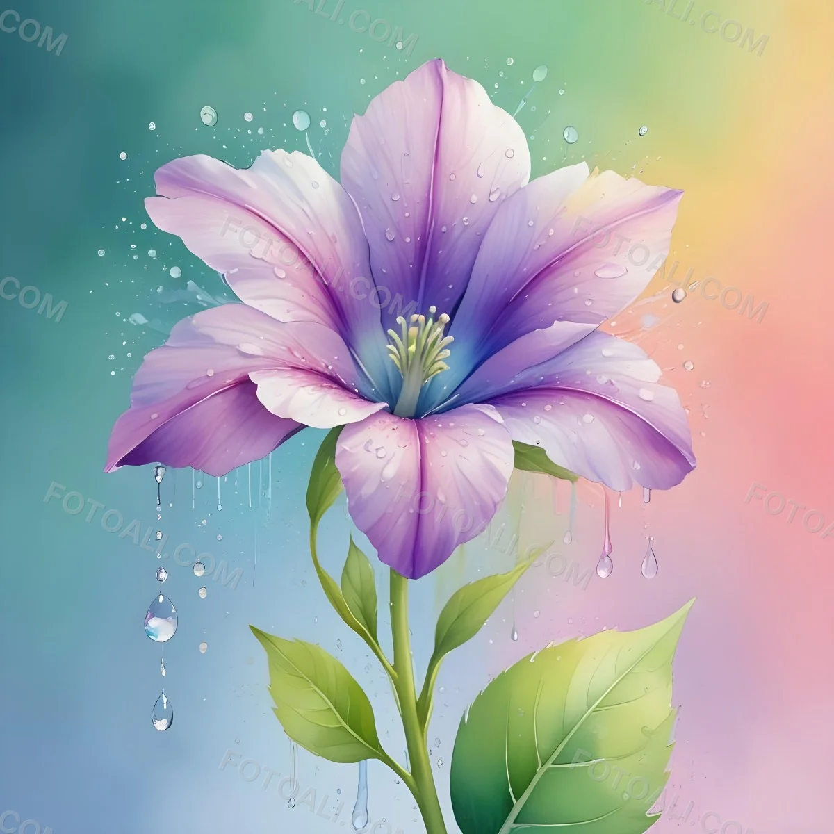 A Flower With Pastel Petals Green Stem And Leaves Water Droplets Pastel Rainbow Background Soft Lighting Detailed Petals Whimsical Dreamy Elegant Vibrant Colors 52 805d