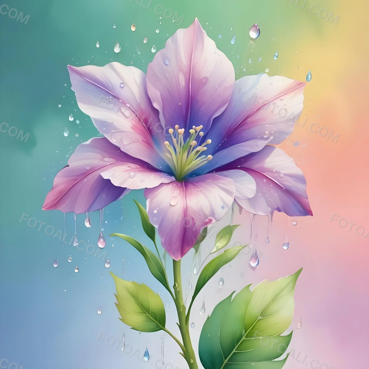 A Flower With Pastel Petals Green Stem And Leaves Water Droplets Pastel Rainbow Background Soft Lighting Detailed Petals Whimsical Dreamy Elegant Vibrant Colors 54 A750