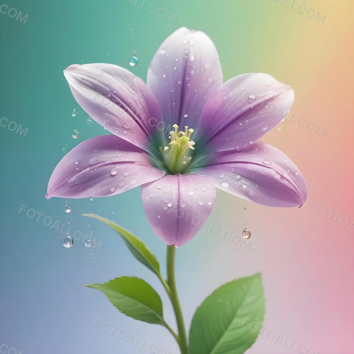 A Flower With Pastel Petals Green Stem And Leaves Water Droplets Pastel Rainbow Background Soft Lighting Detailed Petals Whimsical Dreamy Elegant Vibrant Colors 65 C592