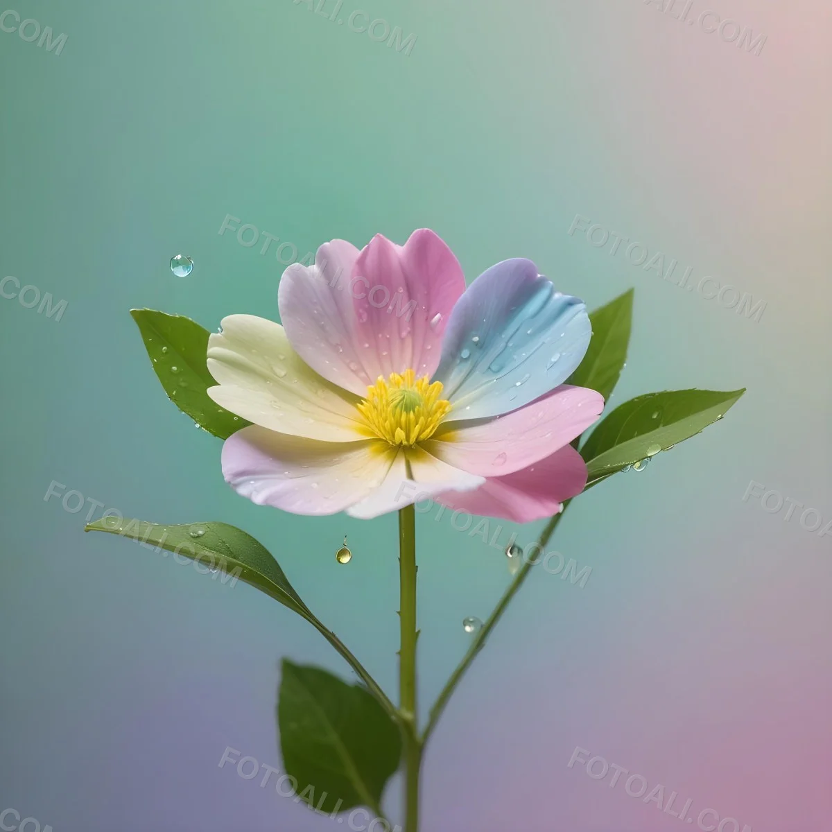 A Flower With Pastel Petals Green Stem And Leaves Water Droplets Pastel Rainbow Background Soft Lighting Detailed Petals Whimsical Dreamy Elegant Vibrant Colors 83 E67c