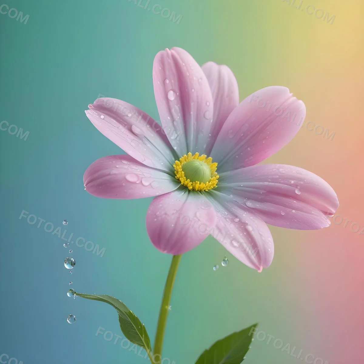 A Flower With Pastel Petals Green Stem And Leaves Water Droplets Pastel Rainbow Background Soft Lighting Detailed Petals Whimsical Dreamy Elegant Vibrant Colors 85 Af81