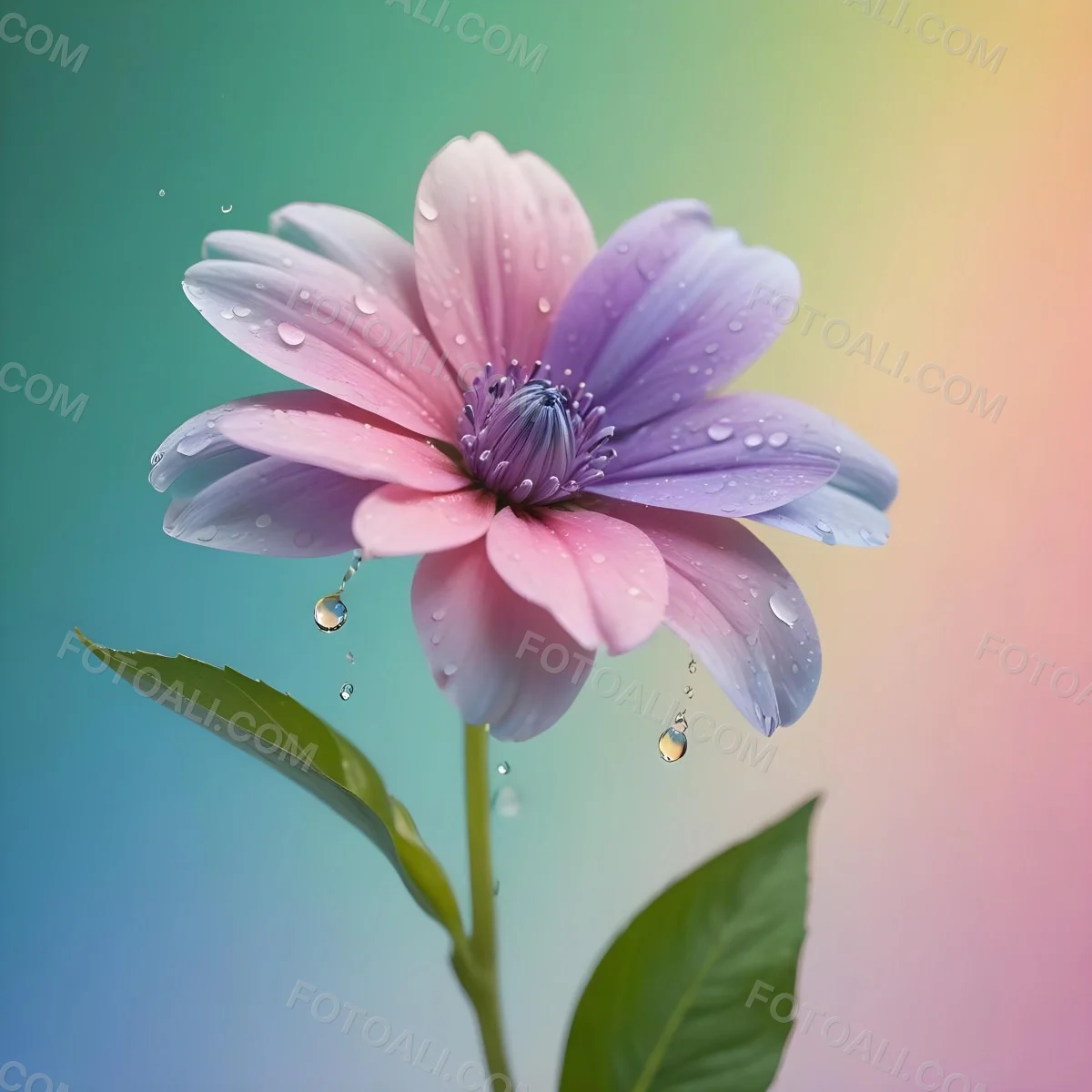 A Flower With Pastel Petals Green Stem And Leaves Water Droplets Pastel Rainbow Background Soft Lighting Detailed Petals Whimsical Dreamy Elegant Vibrant Colors 86 D16c
