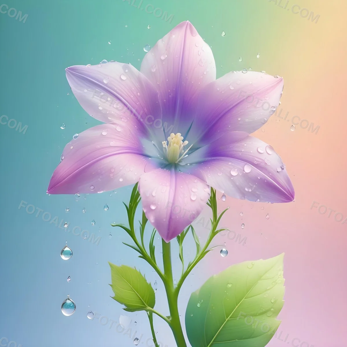 A Flower With Pastel Petals Green Stem And Leaves Water Droplets Pastel Rainbow Background Soft Lighting Detailed Petals Whimsical Dreamy Elegant Vibrant Colors 91 6998