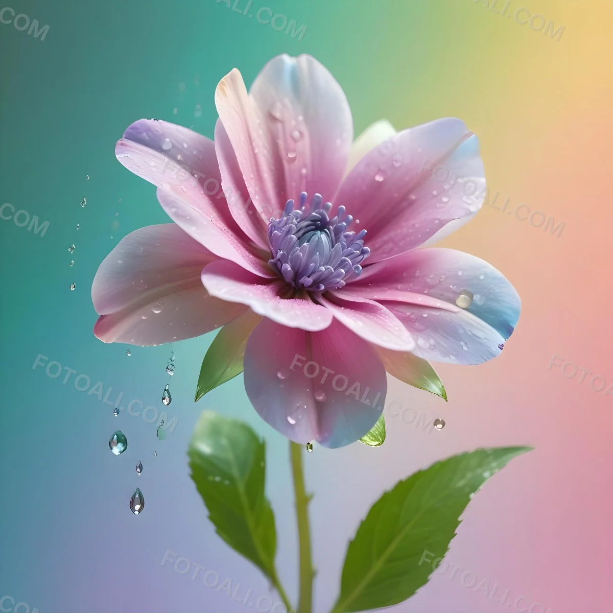 A Flower With Pastel Petals Green Stem And Leaves Water Droplets Pastel Rainbow Background Soft Lighting Detailed Petals Whimsical Dreamy Elegant Vibrant Colors 92 121a