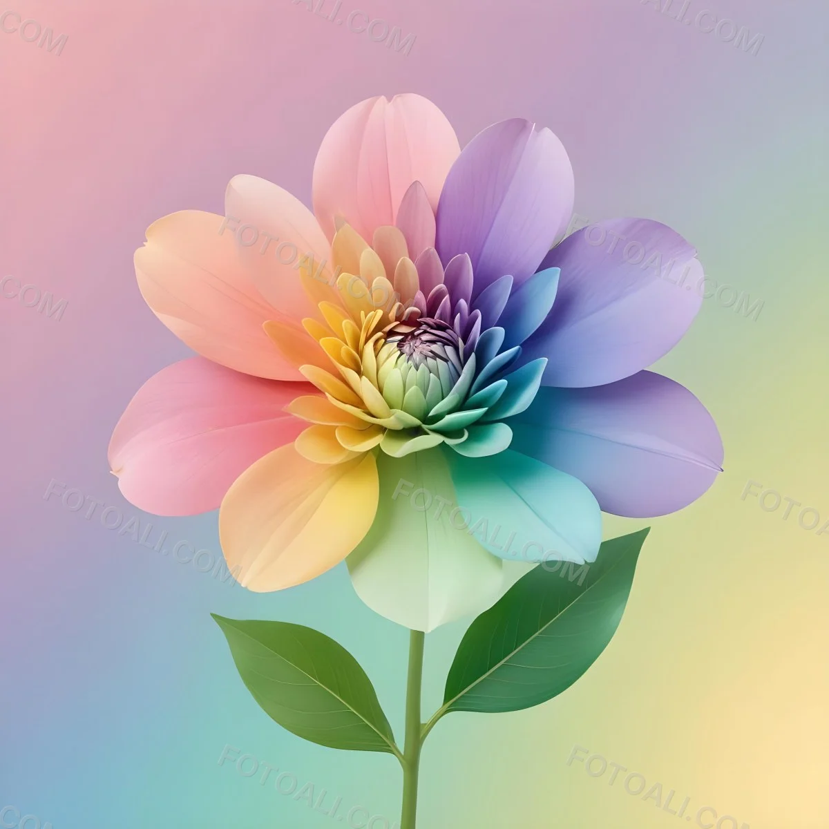 A Flower With Rainbow Colored Petals And Green Leaves On A Pastel Gradient Background The Petals Are Made Of Small Circles The Style Is Clean And Minimalist 8 4990 55f2