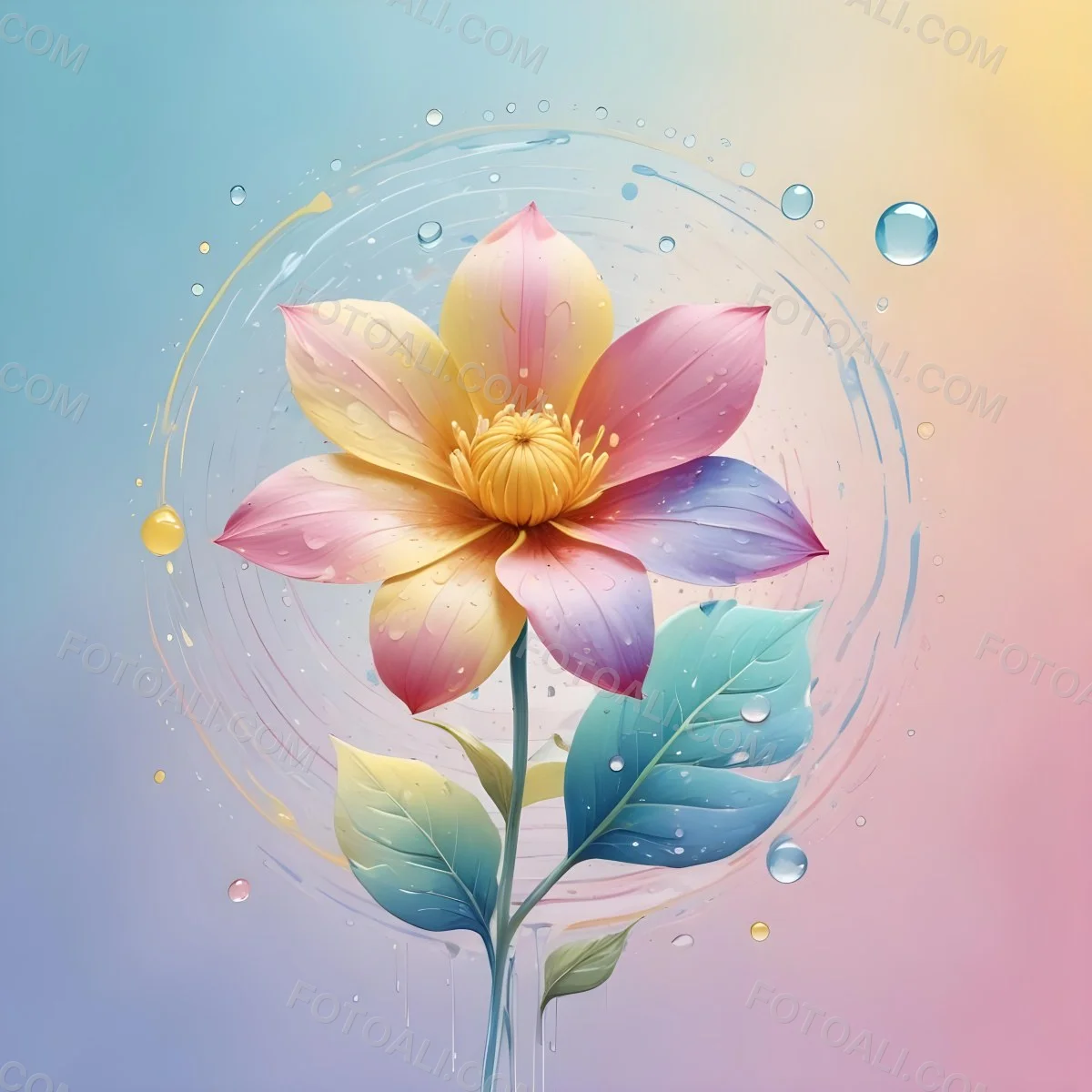 A Flower With Yellow Petals And Yellow Leaves Pastel Background With Blue Pink And Yellow Hues Surrounded By Water Droplets And Circular Patterns 11 0db4