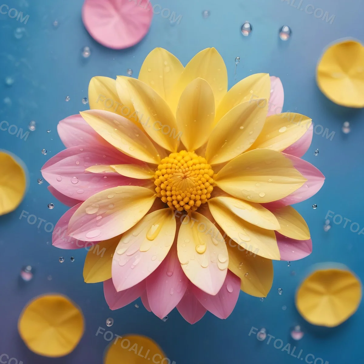 A Flower With Yellow Petals And Yellow Leaves Pastel Background With Blue Pink And Yellow Hues Surrounded By Water Droplets And Circular Patterns 11 F207
