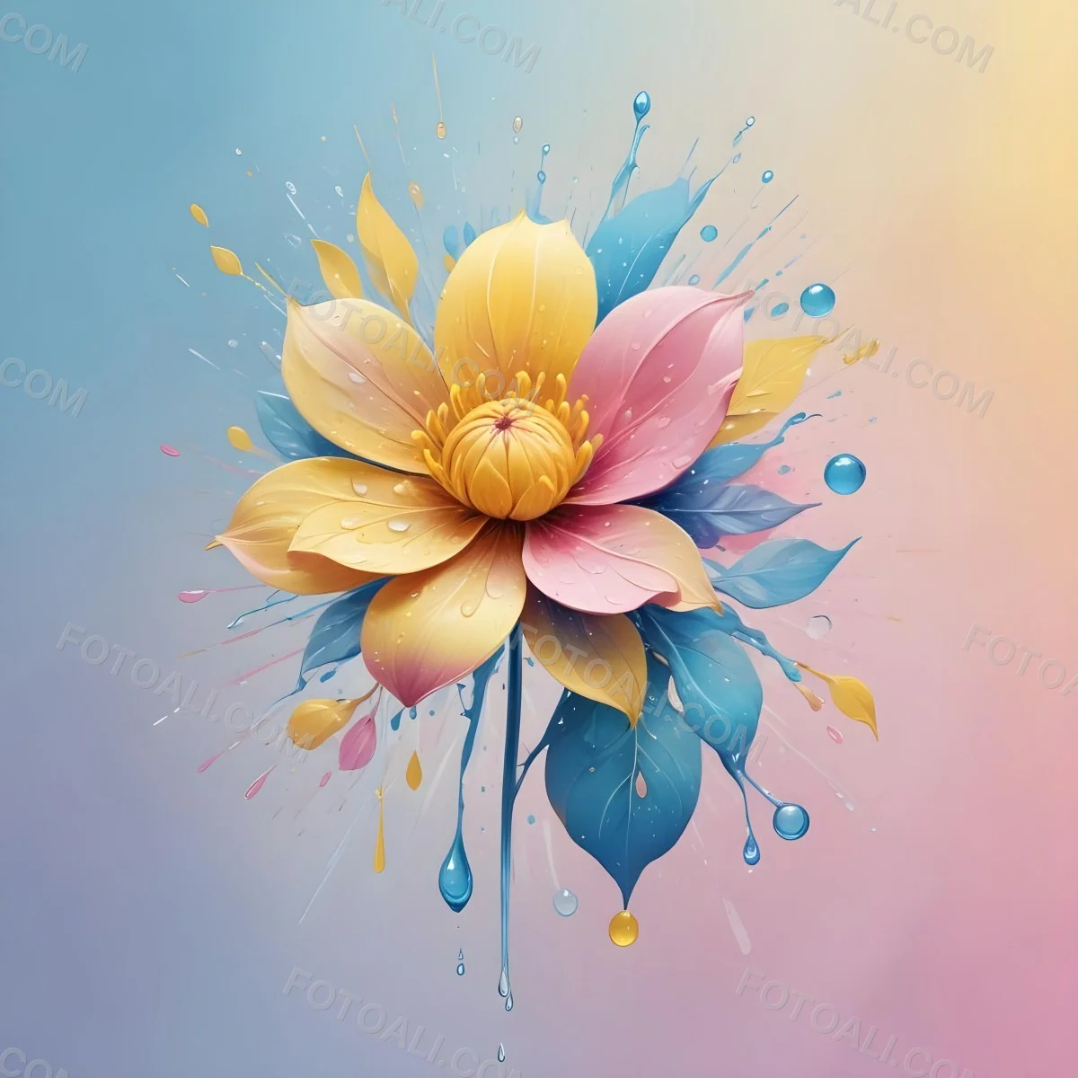 A Flower With Yellow Petals And Yellow Leaves Pastel Background With Blue Pink And Yellow Hues Surrounded By Water Droplets And Circular Patterns 16 8159