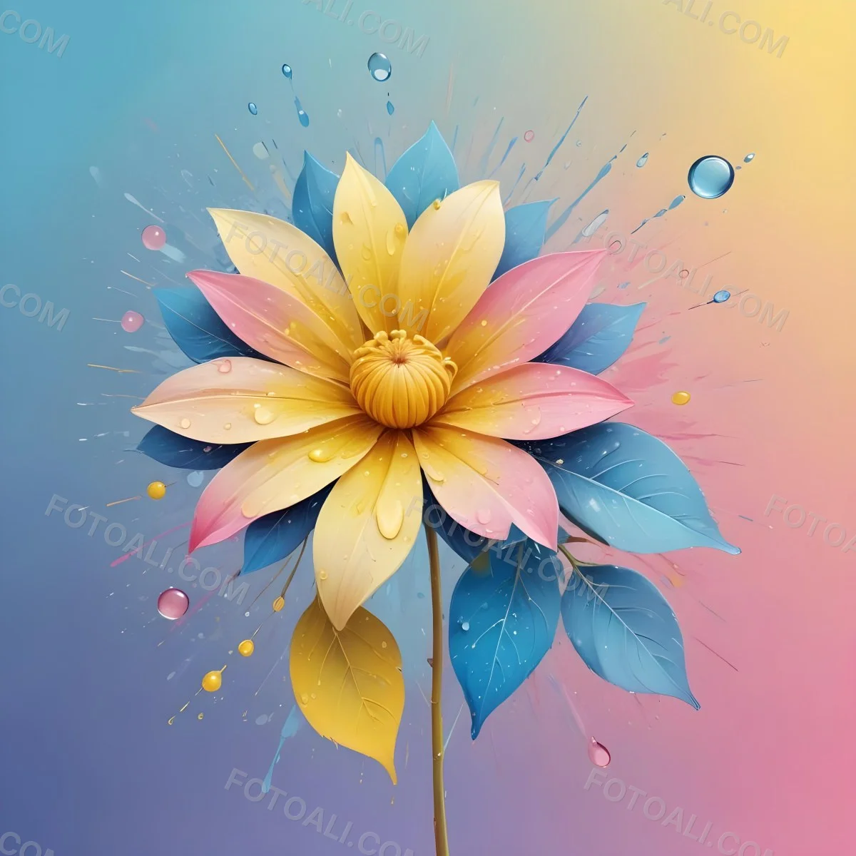 A Flower With Yellow Petals And Yellow Leaves Pastel Background With Blue Pink And Yellow Hues Surrounded By Water Droplets And Circular Patterns 20 Ba75