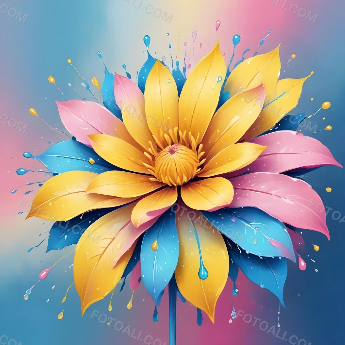 A Flower With Yellow Petals And Yellow Leaves Pastel Background With Blue Pink And Yellow Hues Surrounded By Water Droplets And Circular Patterns 23 2027