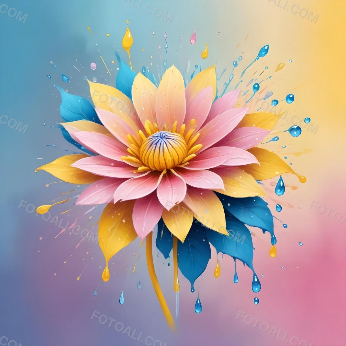 A Flower With Yellow Petals And Yellow Leaves Pastel Background With Blue Pink And Yellow Hues Surrounded By Water Droplets And Circular Patterns 25 8195