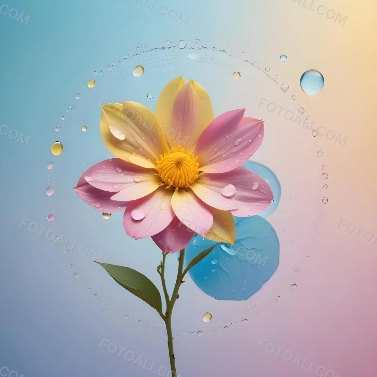 A Flower With Yellow Petals And Yellow Leaves Pastel Background With Blue Pink And Yellow Hues Surrounded By Water Droplets And Circular Patterns 3 2e20
