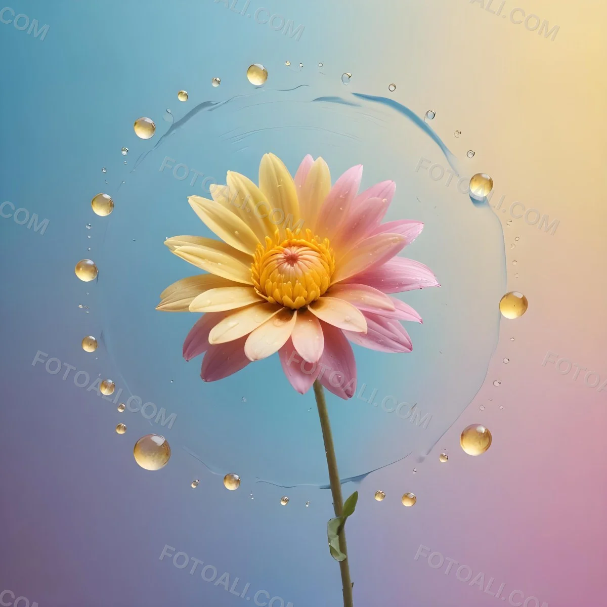 A Flower With Yellow Petals And Yellow Leaves Pastel Background With Blue Pink And Yellow Hues Surrounded By Water Droplets And Circular Patterns 5 644e