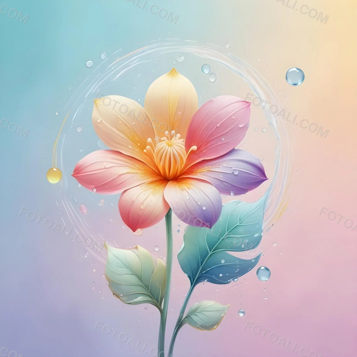 A Flower With Yellow Petals And Yellow Leaves Pastel Background With Blue Pink And Yellow Hues Surrounded By Water Droplets And Circular Patterns 5 Cf1a
