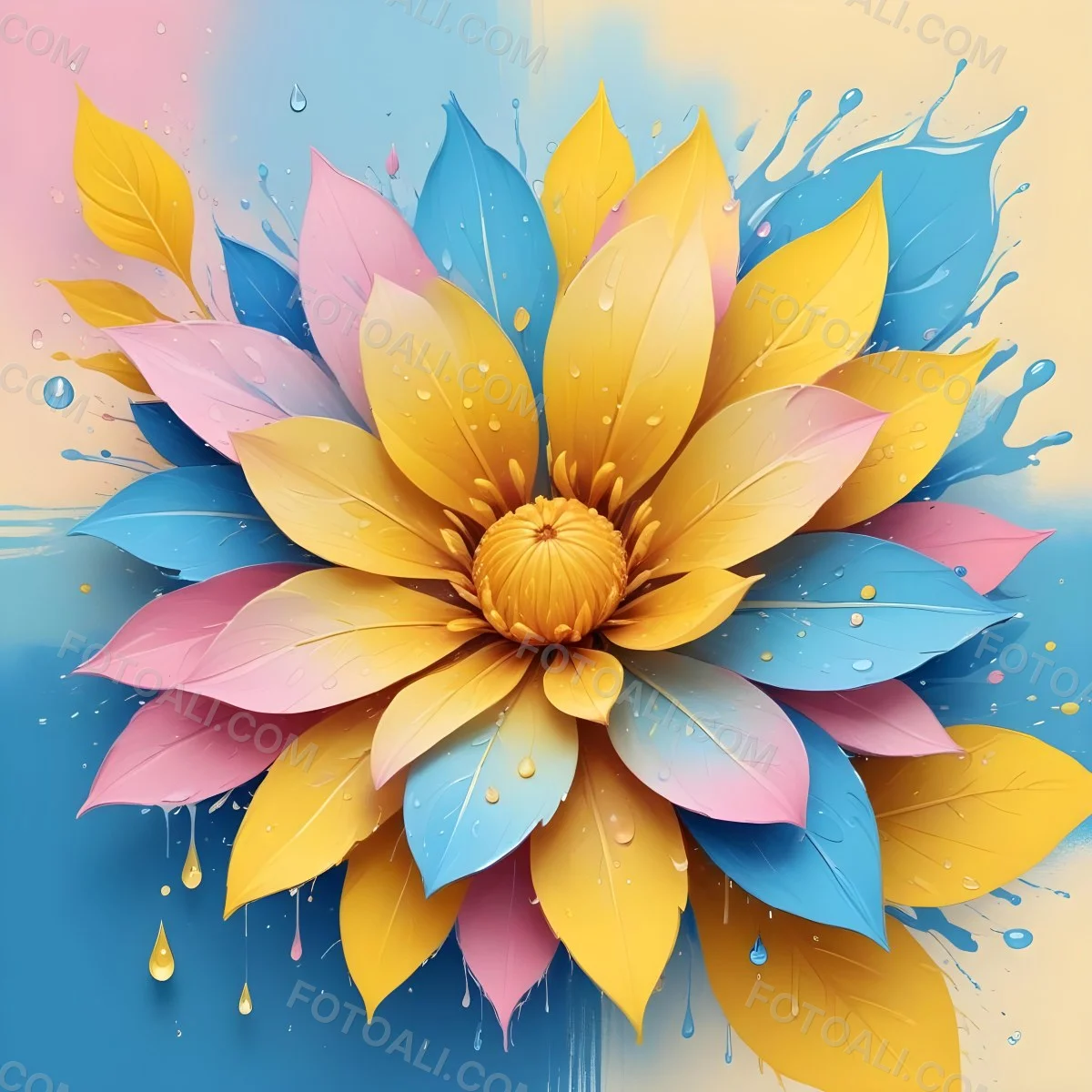 A Flower With Yellow Petals And Yellow Leaves Pastel Background With Blue Pink And Yellow Hues Surrounded By Water Droplets And Circular Patterns 6 F542