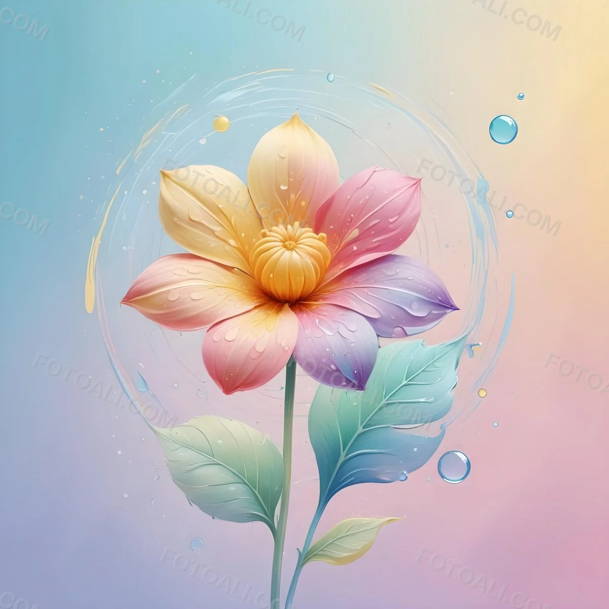 A Flower With Yellow Petals And Yellow Leaves Pastel Background With Blue Pink And Yellow Hues Surrounded By Water Droplets And Circular Patterns 7 935c